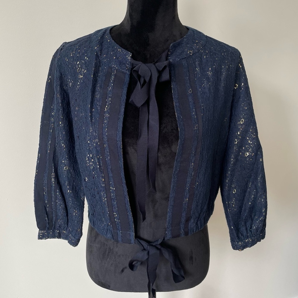Sachin + Babi Ankasa Blue Gold Metallic Lace Tie Front Racer Stripe Jacket EUC 0